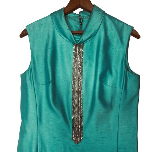 Vintage 60s Size Medium Mod Aqua Shantung Dress Jacket Suit Set Silver Beading - Picture 4 of 16